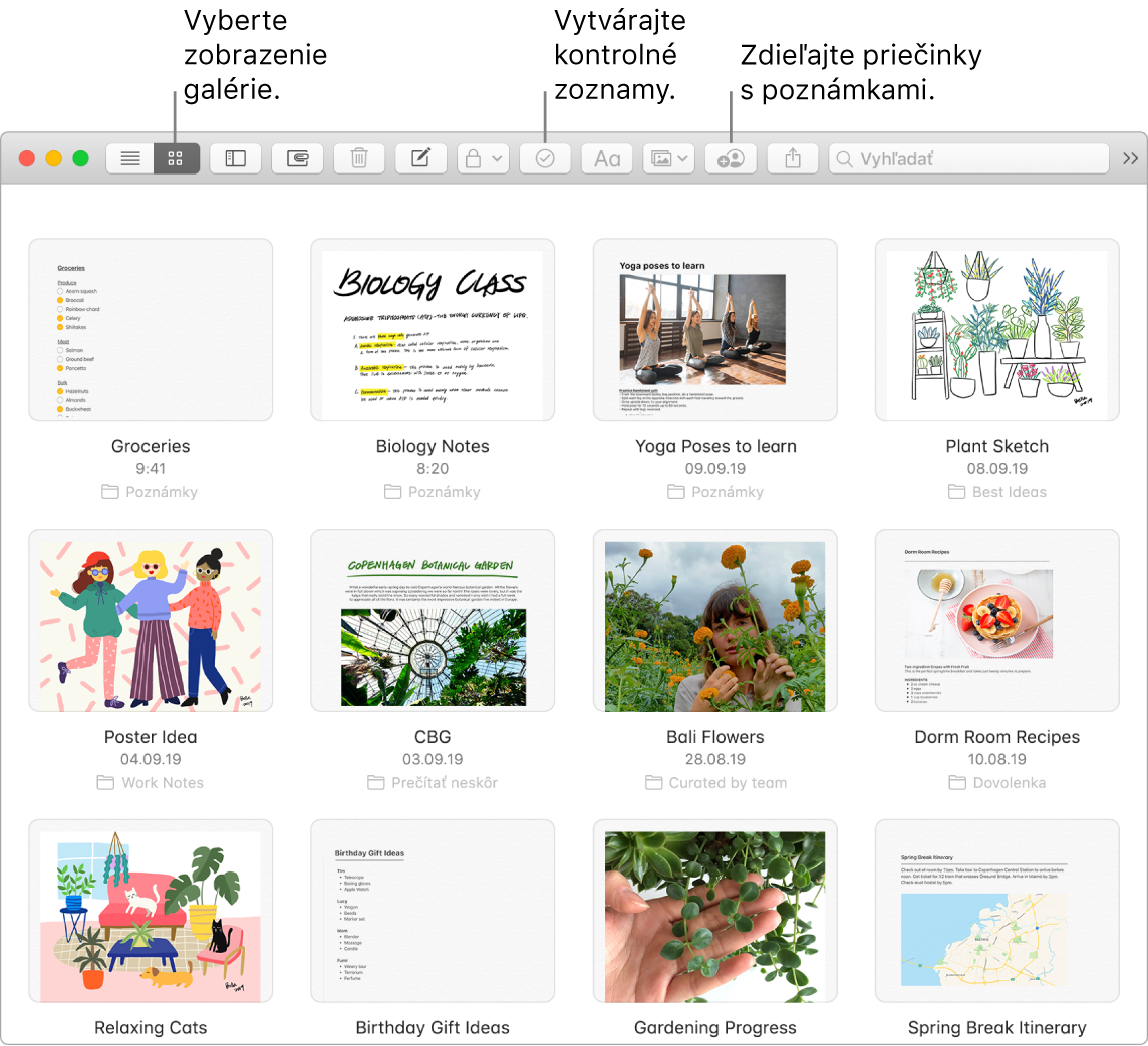 Okno aplikácie Poznámky s možnosťou výberu tlačidla galérie, tlačidla kontrolného zoznamu a tlačidla zdieľania priečinka.