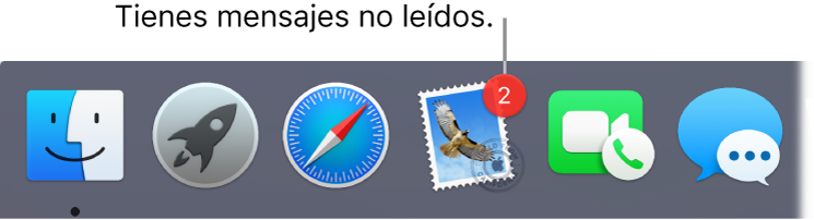 Una parte del Dock mostrando el ícono de la app Mail con un indicador que muestra la cantidad de mensajes no leídos.