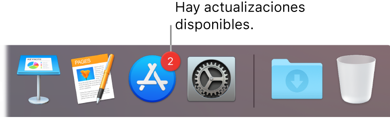 Una parte del Dock mostrando el ícono de App Store con un indicador que muestra que hay actualizaciones disponibles.