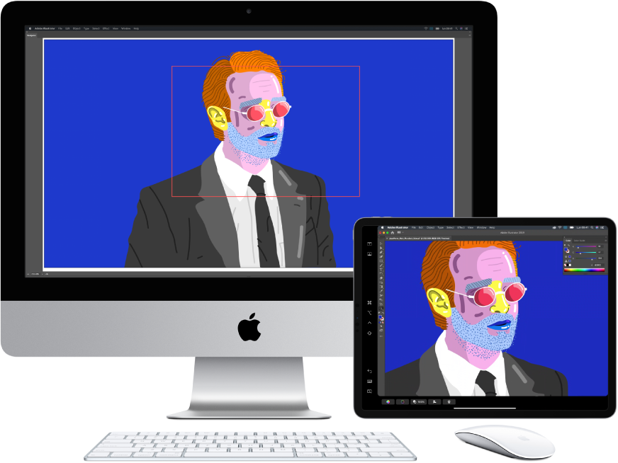 Una iMac y un iPad lado a lado. La iMac muestra arte en la ventana del navegador de Illustrator. El iPad muestra el mismo arte en la ventada de documento de Illustrator rodeado de barras de herramientas.