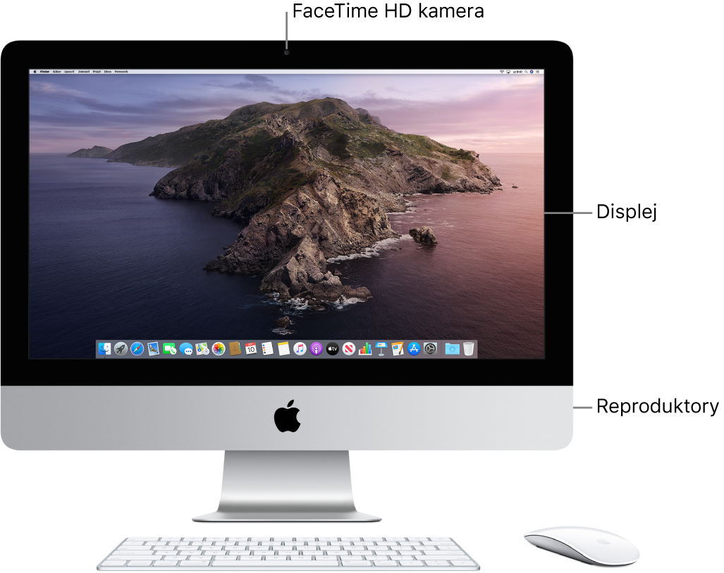 Predná strana iMacu s displejom, kamerou a reproduktormi.