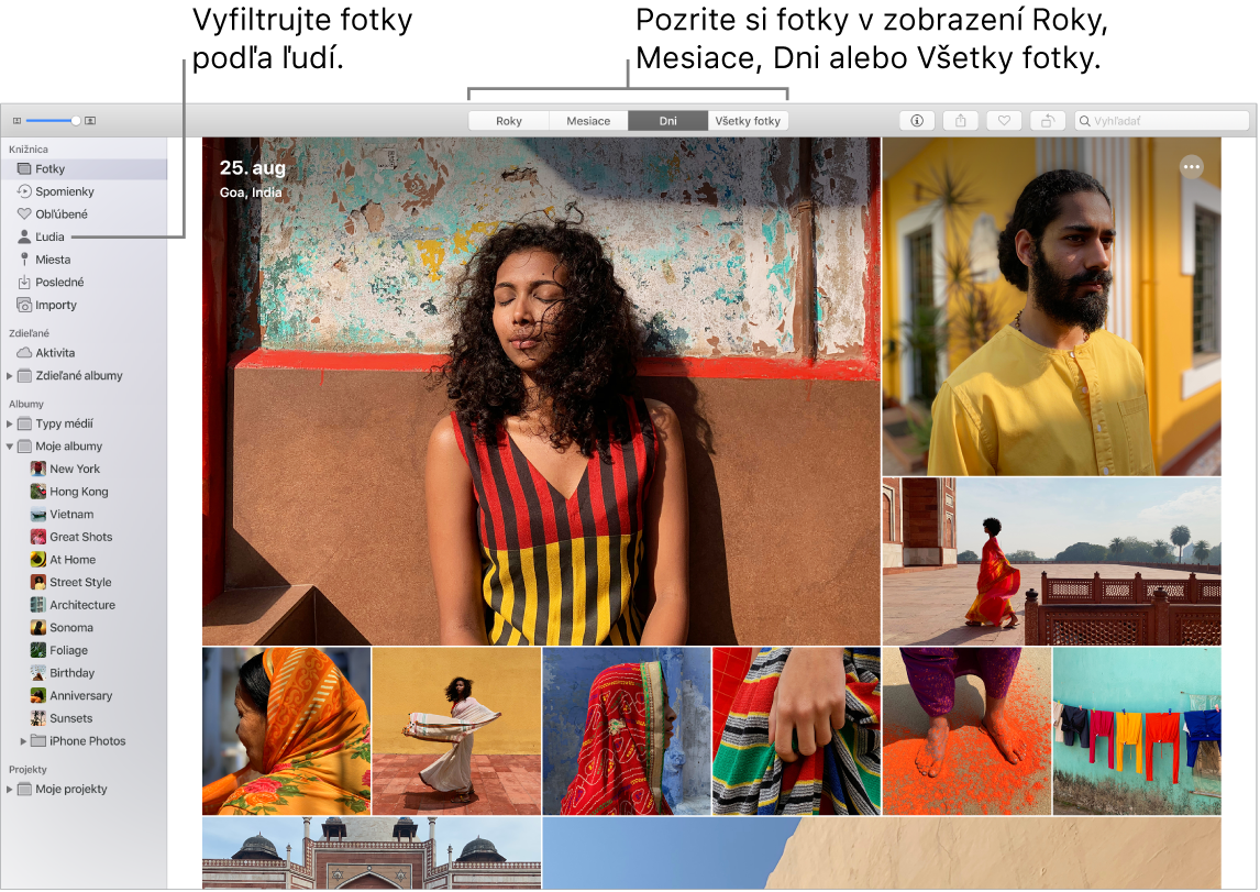 Okno aplikácie Fotky s informáciami o rôznych spôsoboch filtrovania fotiek v albume.