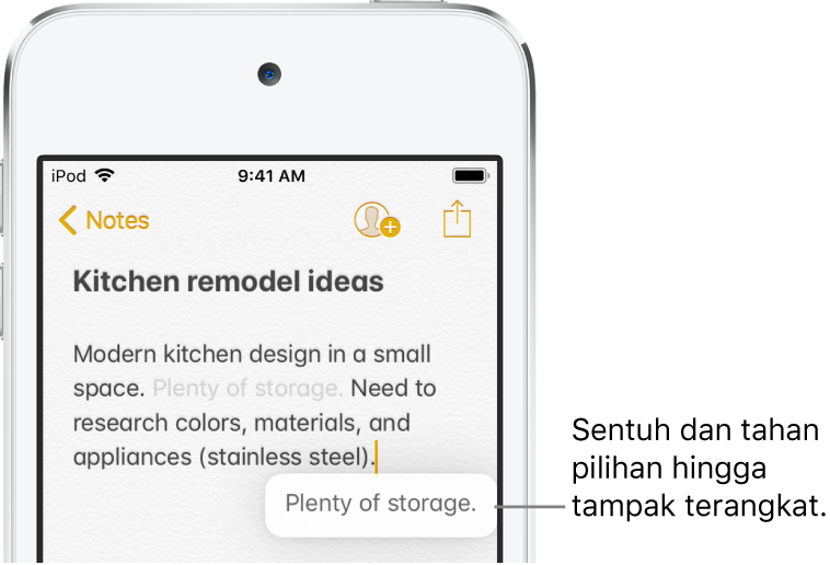 Frasa yang dipilih muncul sebagai hasil dari tindakan sentuh dan tahan yang dilakukan pengguna.