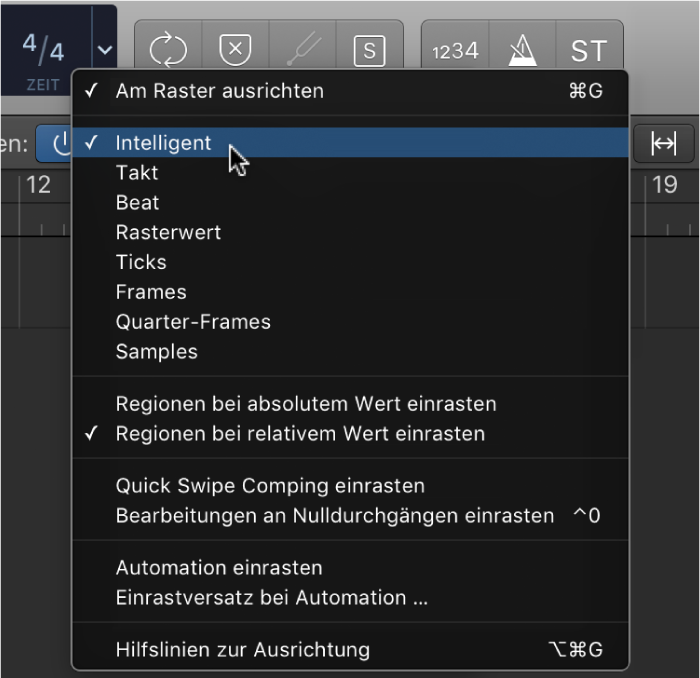 Abbildung. Einblendmenü „Einrasten“ für den Bereich „Spuren“