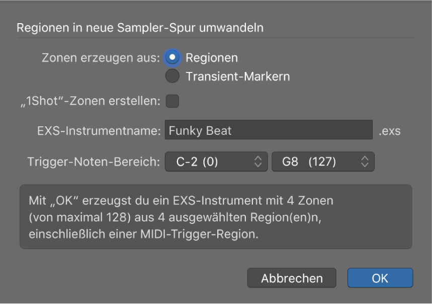 Abbildung. Dialogfenster „Regionen in neue Sampler-Spur konvertieren“