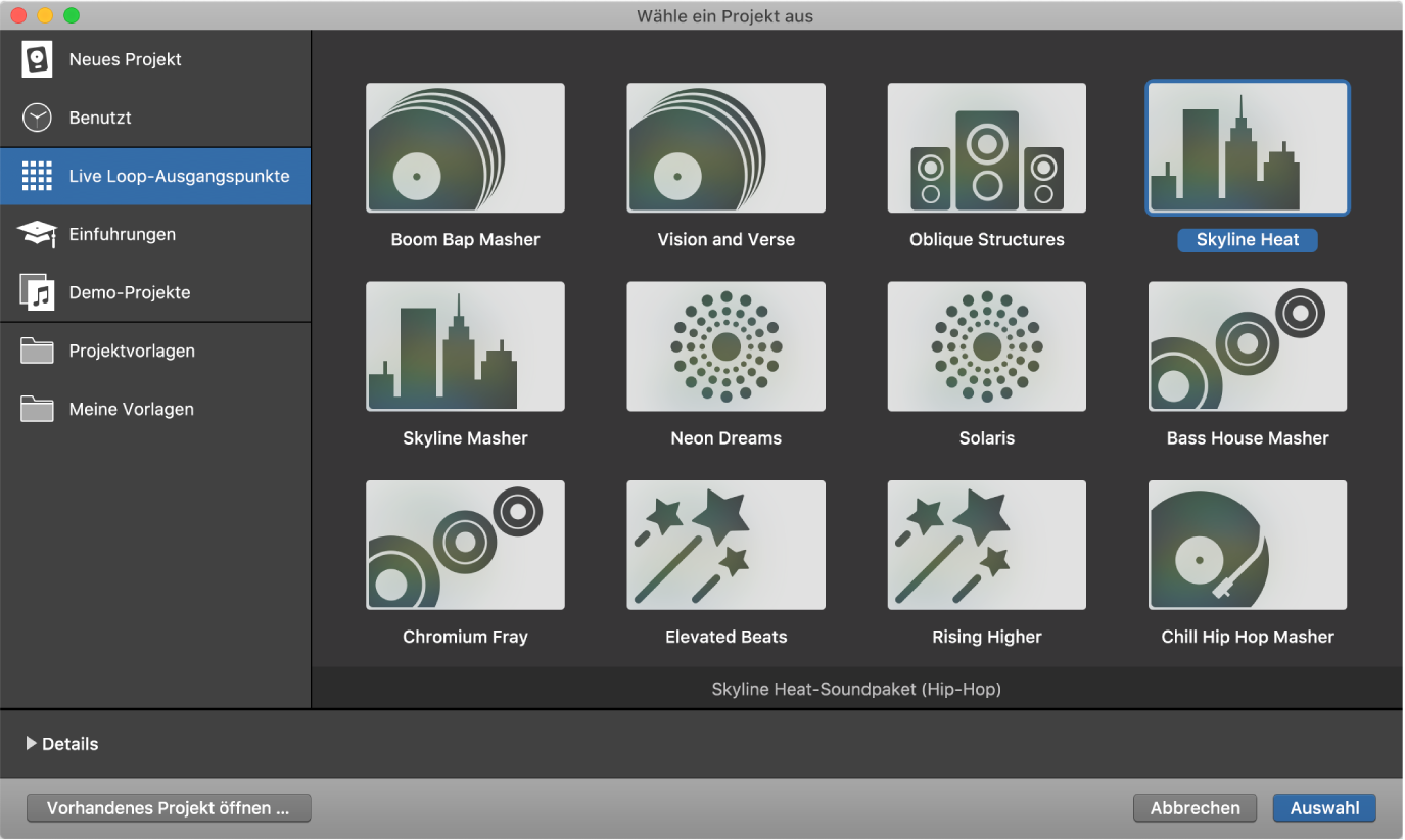 Abbildung. Projektauswahl mit Live Loops-Einstiegsraster