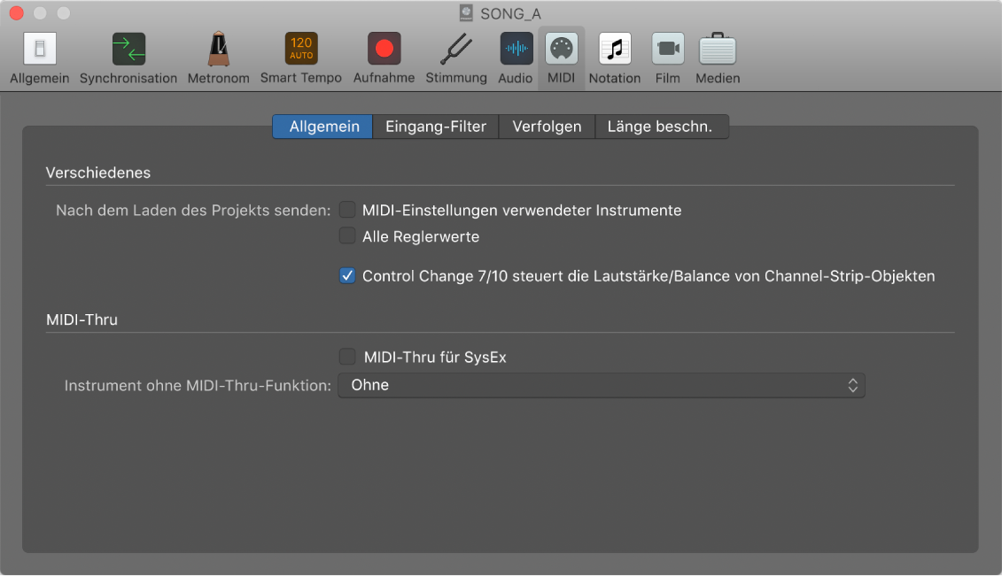 Abbildung. Bereich „MIDI“ > „Allgemein“