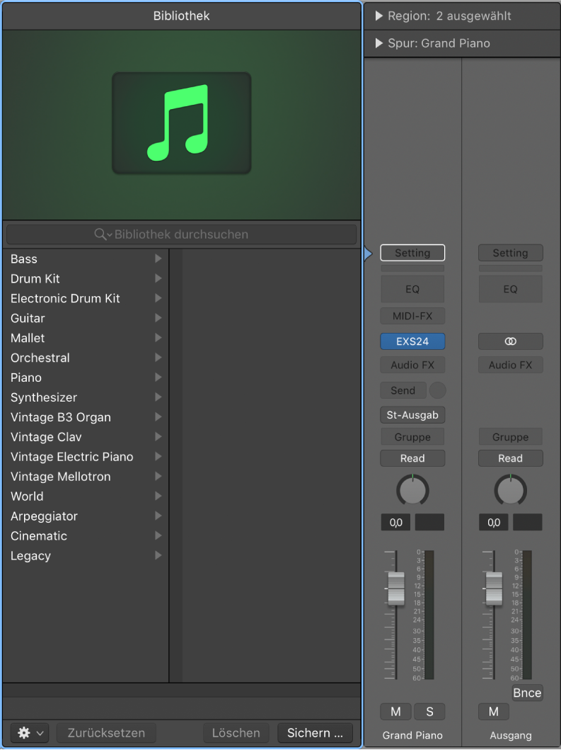 Abbildung. Bibliothek geöffnet, bereit zur Auswahl eines Patches für die neue Spur