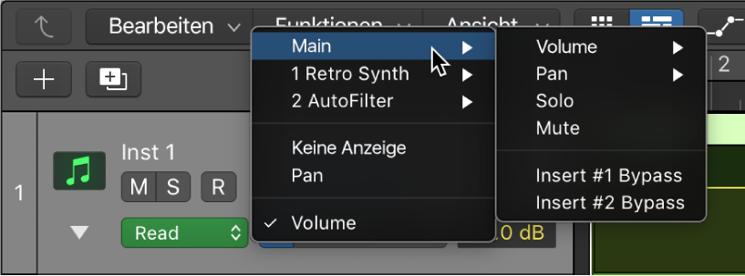 Abbildung. Auswahl eines Automationsparameters aus dem Einblendmenü