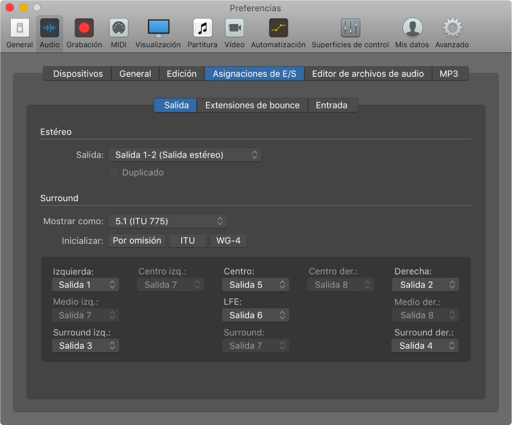 Ilustración. Panel “Asignaciones de E/S” en el panel de preferencias Audio.