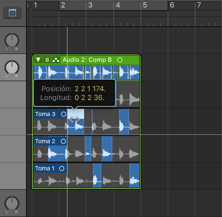 Ilustración. Se está arrastrando el área central de una selección de tomas.