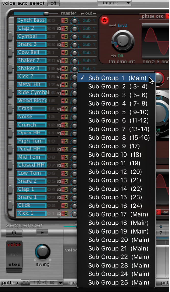 Ilustración. Ventana de módulo Ultrabeat con el menú desplegable de salida de instrumento.