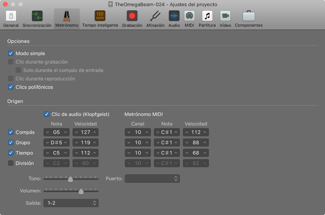 Ilustración. Ajustes del metrónomo.