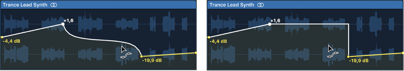Mantén pulsada la tecla Opción y haz clic en una curva de automatización con la herramienta “Curva de automatización” para transformar una curva continua en una curva instantánea.