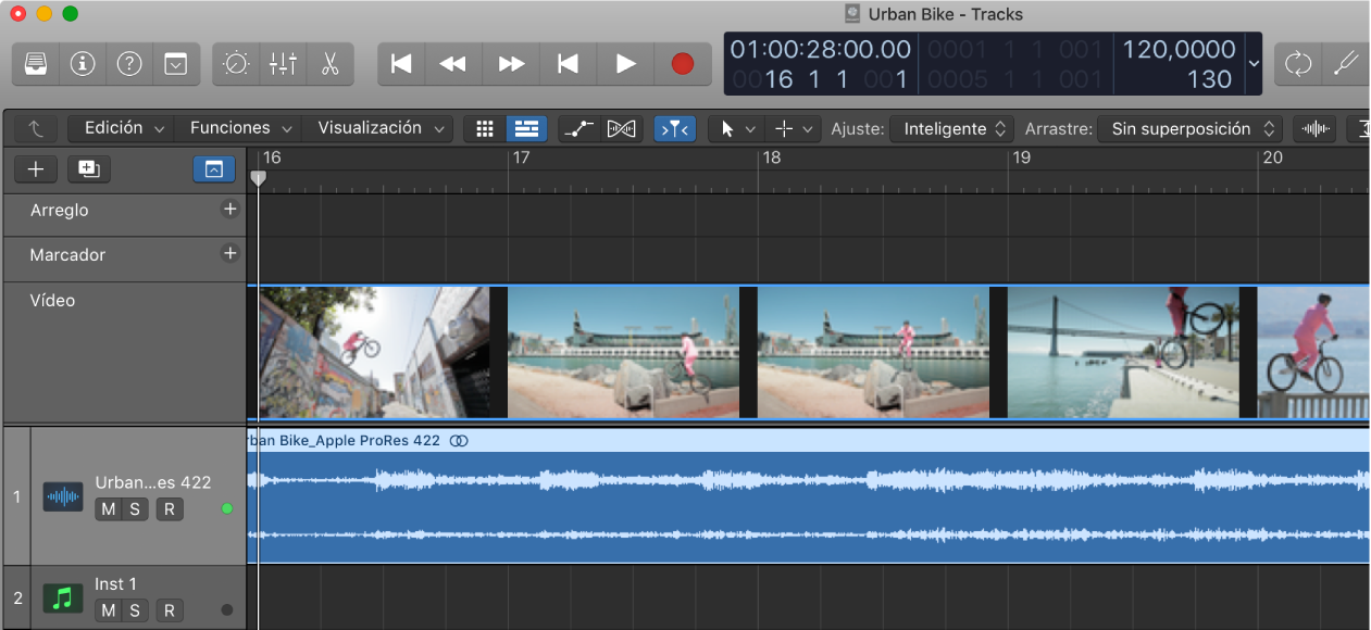 Ilustración. Pista Vídeo con fotogramas de película en forma de miniaturas.