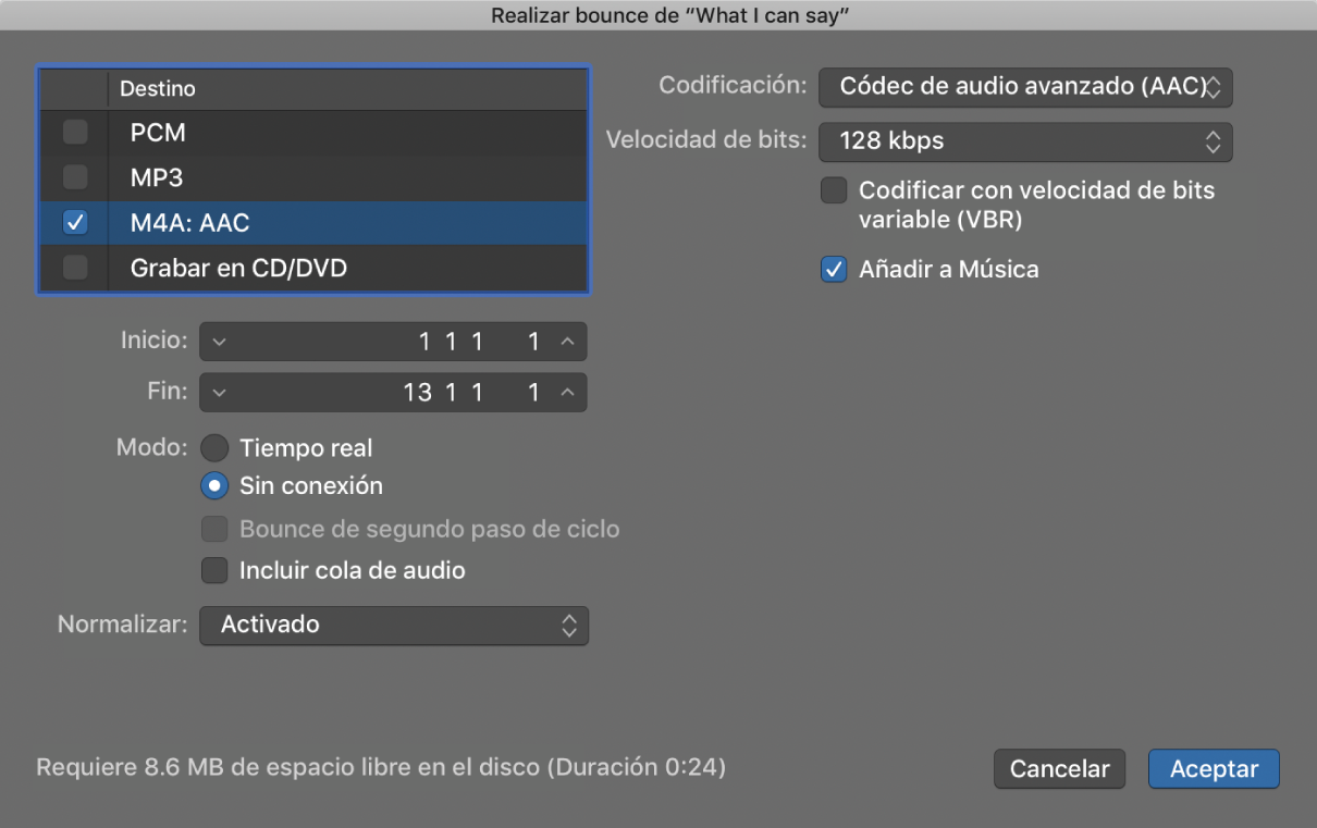 Ilustración. Opciones de formato “M4A AAC” en la ventana Bounce.