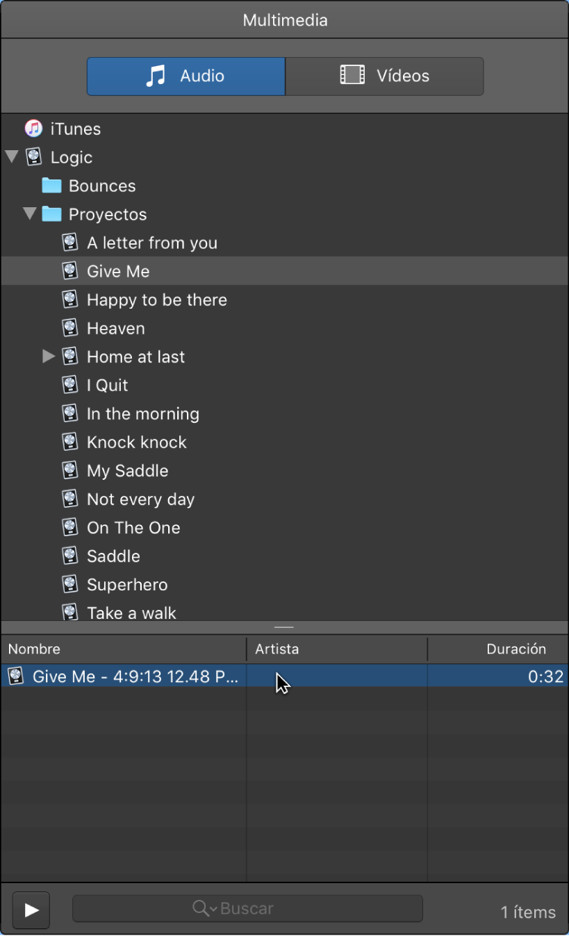 Ilustración. Explorador multimedia con la pestaña Audio seleccionada, donde se muestran proyectos de Logic.