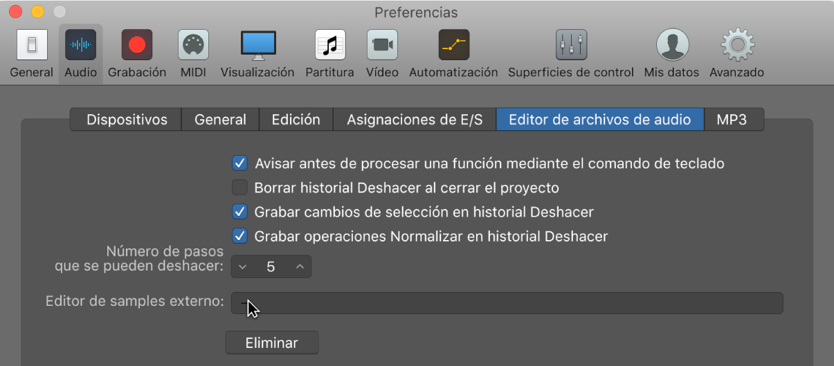 Ilustración. Panel “Editor de samples” en el panel de preferencias Audio.