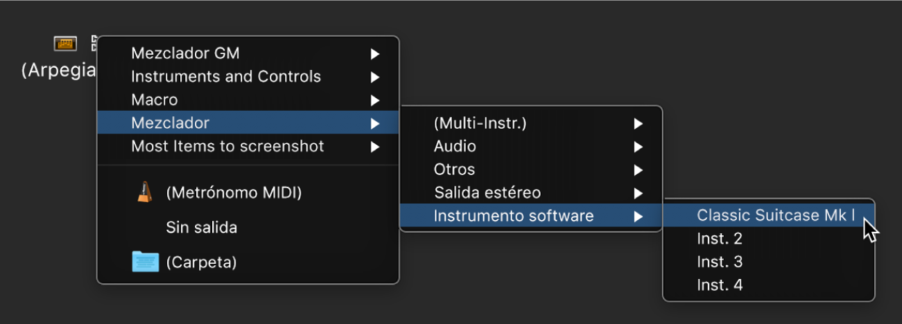 Ilustración. Se está seleccionando un objeto de destino en el menú de función rápida “Reasignar pista” de la ventana Entorno.