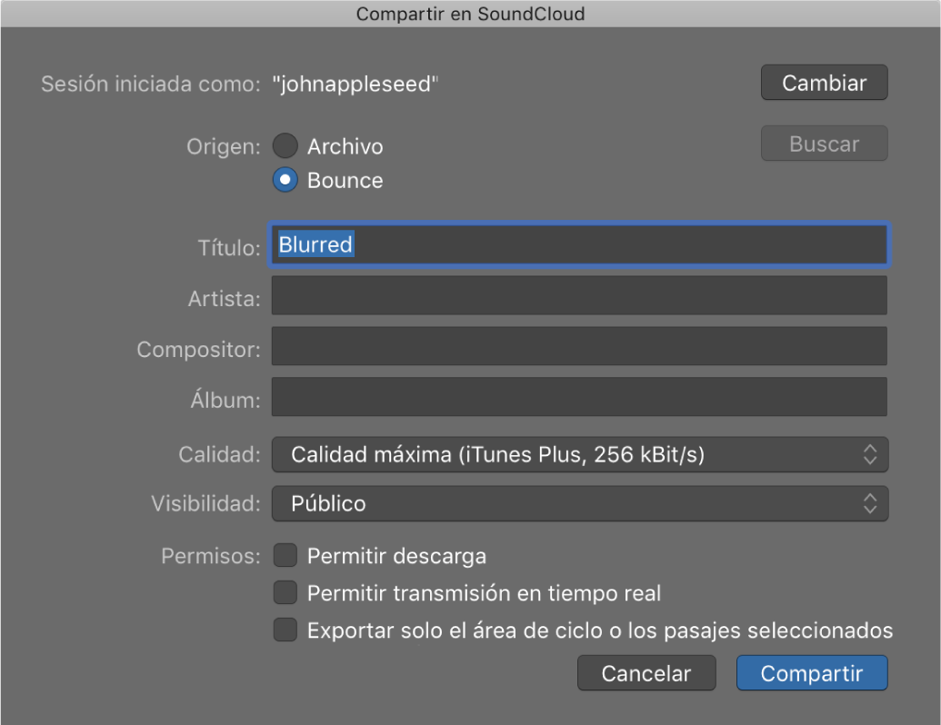 Ilustración. Cuadro de diálogo “Compartir en SoundCloud”.