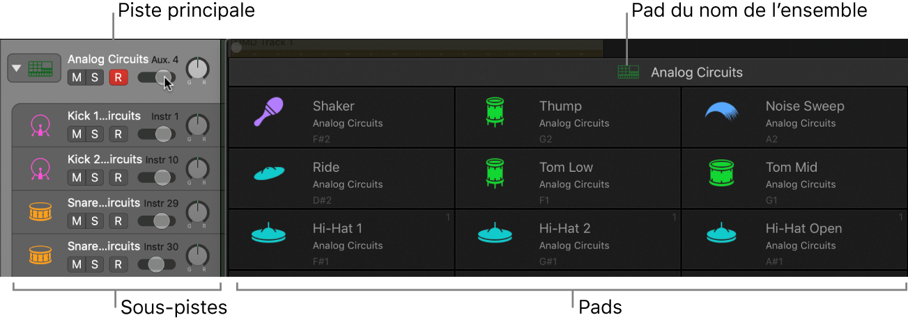 Figure. Drum Machine Designer en regard de la piste principale et des sous-pistes correspondantes.
