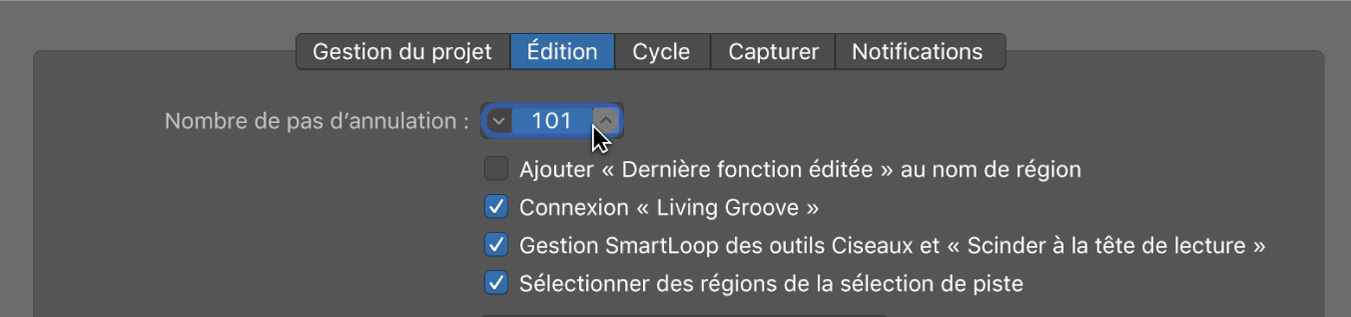 Figure. Champ « Nombre d’annulations possibles » dans la sous-fenêtre Édition des préférences Général.