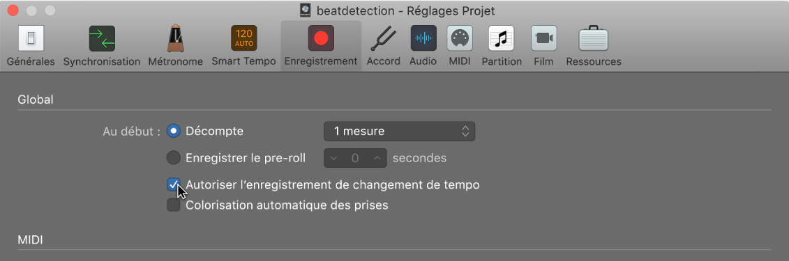 Figure. Sous-fenêtre Enregistrement des réglages de projet.