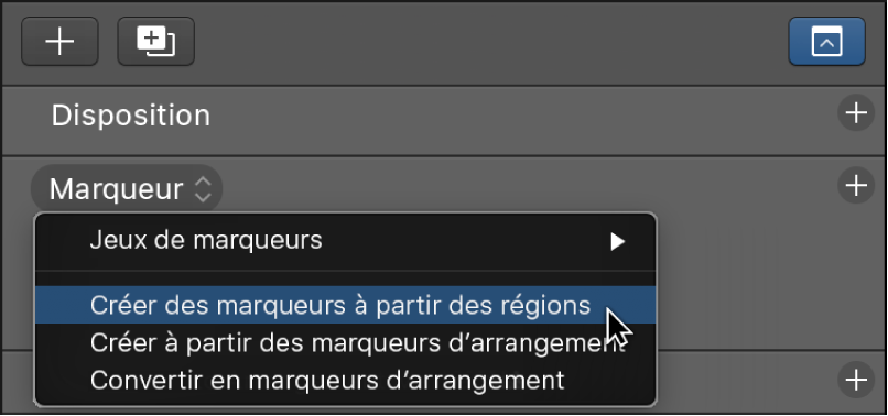 Figure. Piste des marqueurs affichant la commande de menu « Créer des marqueurs à partir des régions ».