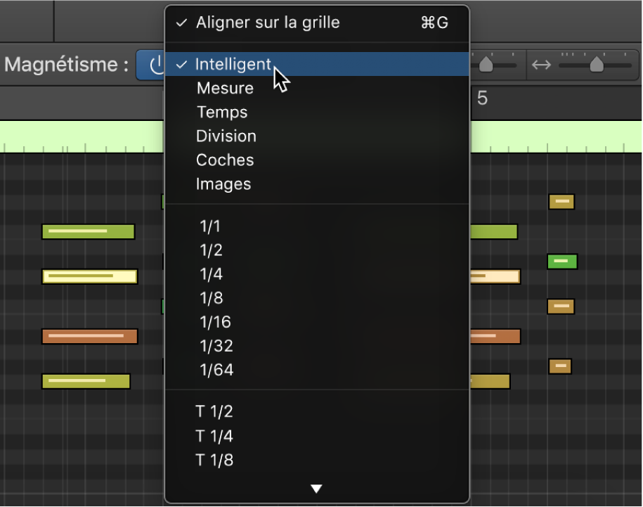 Figure. Menu local Alignement dans la barre des menus de l’éditeur de partition défilante.