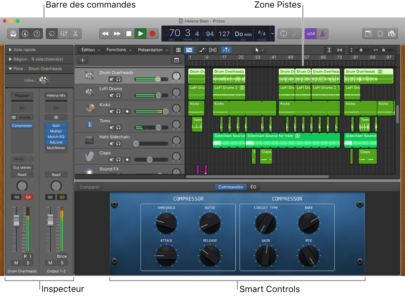 Figure. Fenêtre principale de Logic Pro avec les zones principales de travail.