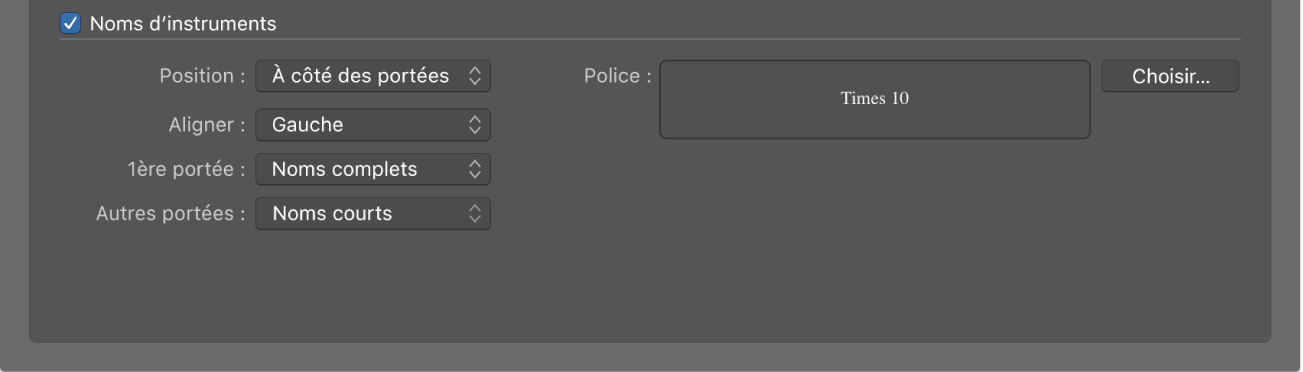 Figure. Section Noms d’instrument de la sous-fenêtre Numéros et noms