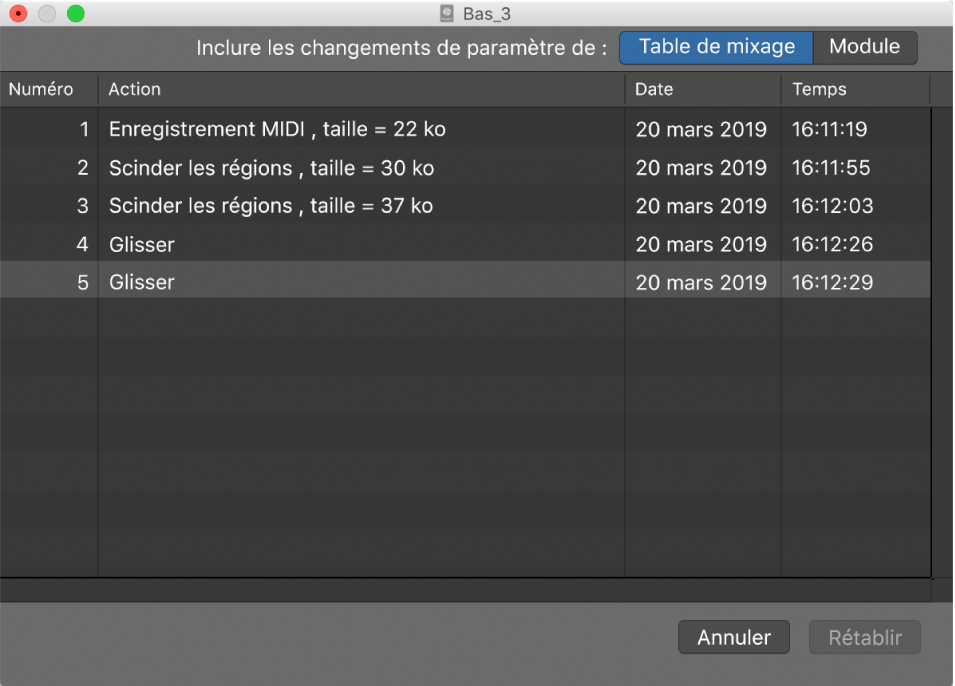 Figure. Zone de dialogue Historique d’annulation.