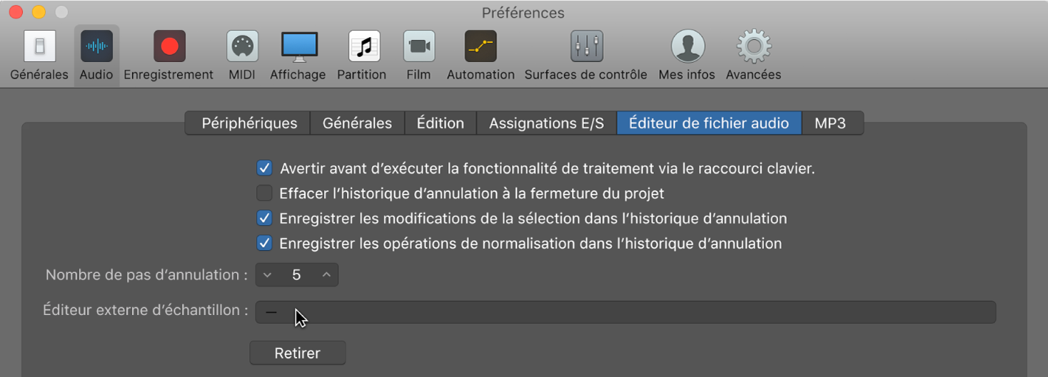 Figure. Sous-fenêtre Éditeur d’échantillons dans les préférences Audio.