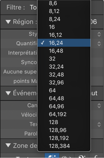 Figure. Paramètres de quantification d’affichage dans le menu local Quantifier