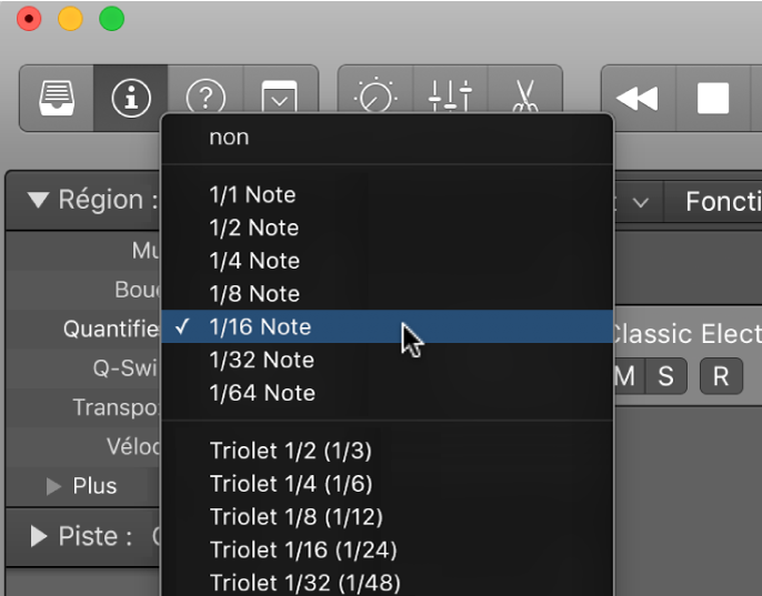 Figure. Menu local Quantifier dans l’inspecteur de région.