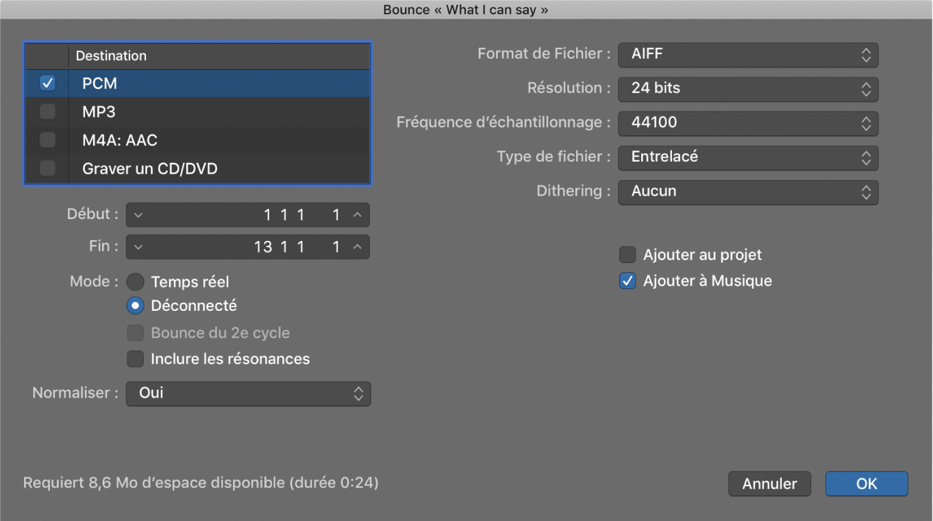 Figure. Options PCM dans la fenêtre Bounce.