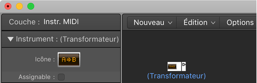Figure. Fenêtre Environnement affichant un objet Transformateur et son inspecteur.