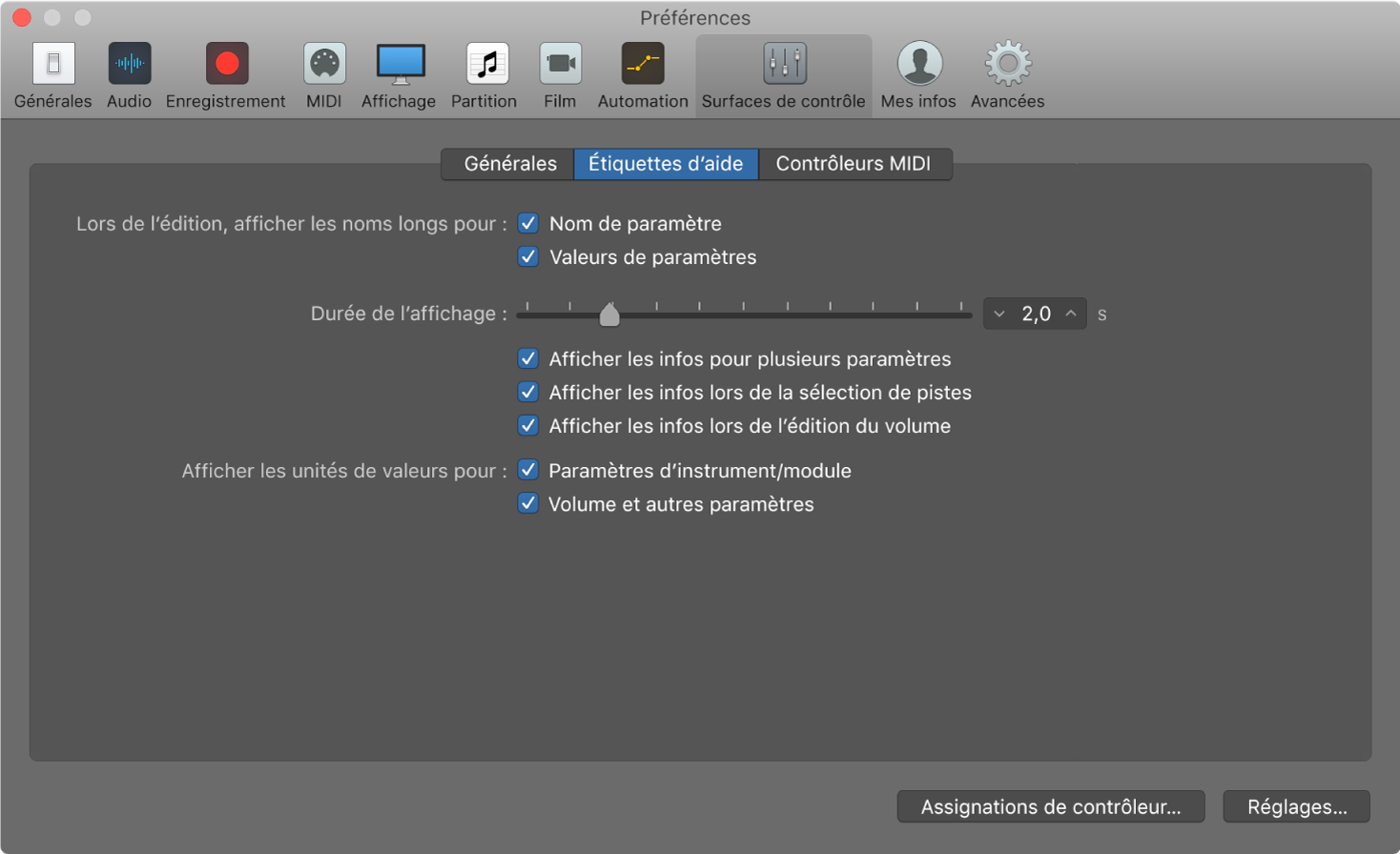 Figure. Préférences des bulles d’aide de Logic Pro