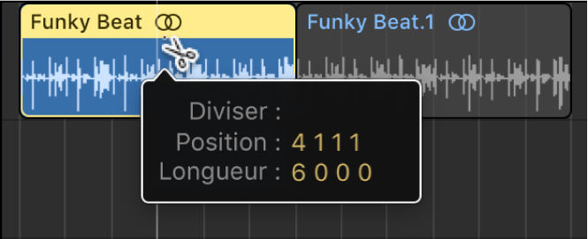 Figure. Scission d’une région à l’aide de l’outil Ciseaux, avec une bulle d’aide affichant la position de la scission.