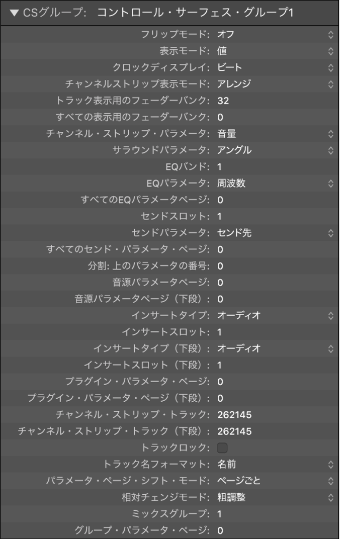 図。コントロール・サーフェス・ウインドウのグループパラメータ。