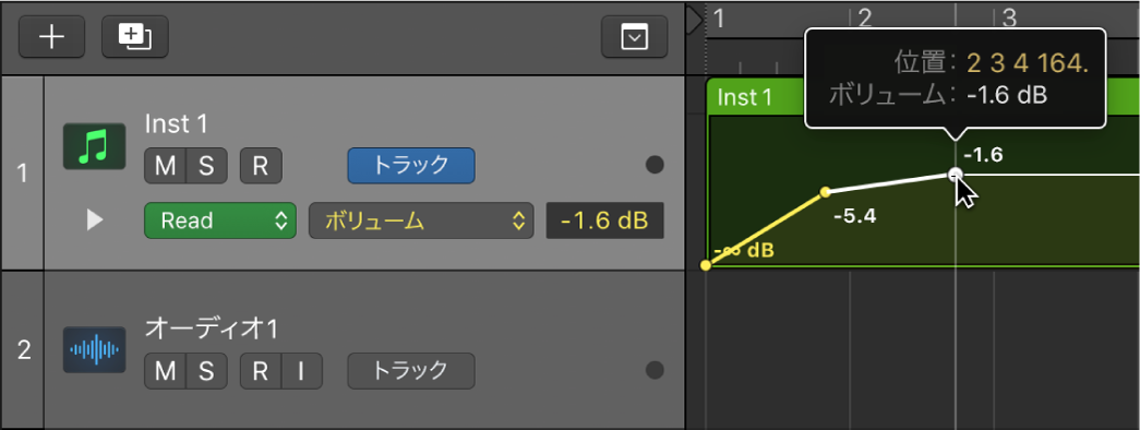 図。トラックの音量とパンのオートメーションが表示されています。