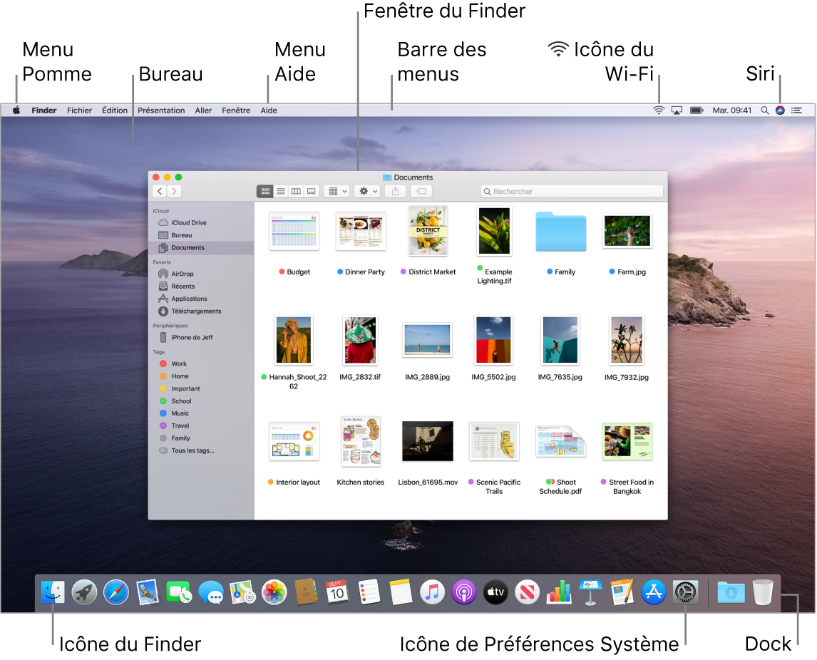 Écran d’un Mac présentant le menu Pomme, le bureau, le menu Aide, une fenêtre du Finder, la barre des menus, l’icône Wi‑Fi, l’icône Demander à Siri, l’icône du Finder, l’icône Préférences Système et le Dock.