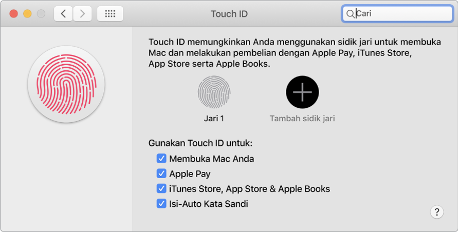 Jendela preferensi Touch ID dengan pilihan untuk menambahkan sidik jari dan menggunakan Touch ID untuk membuka Mac Anda, menggunakan Apple Pay, dan membeli dari iTunes Store, App Store, dan Toko Buku.