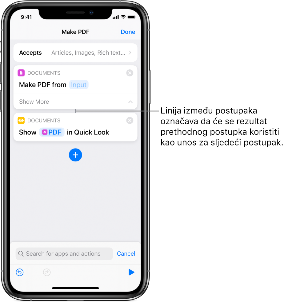 Urednik prečaca s prikazom okomite linije koja povezuje radnje.