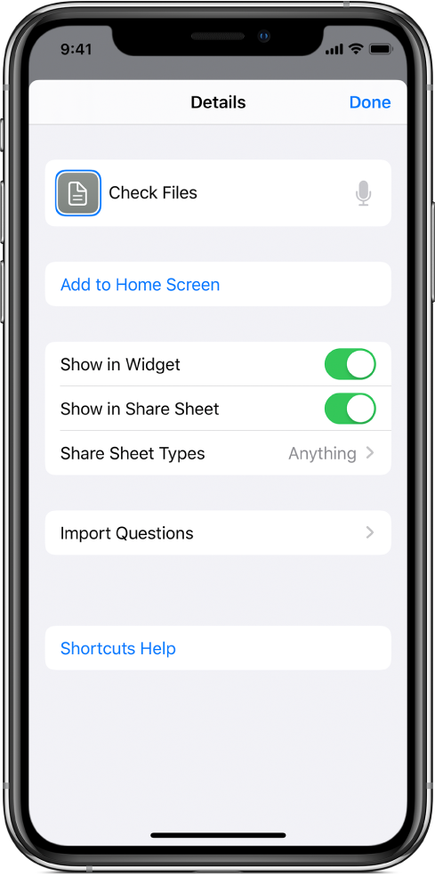 Editorul de acțiuni cu opțiunea “Afișare în foaia de partajare” activată.