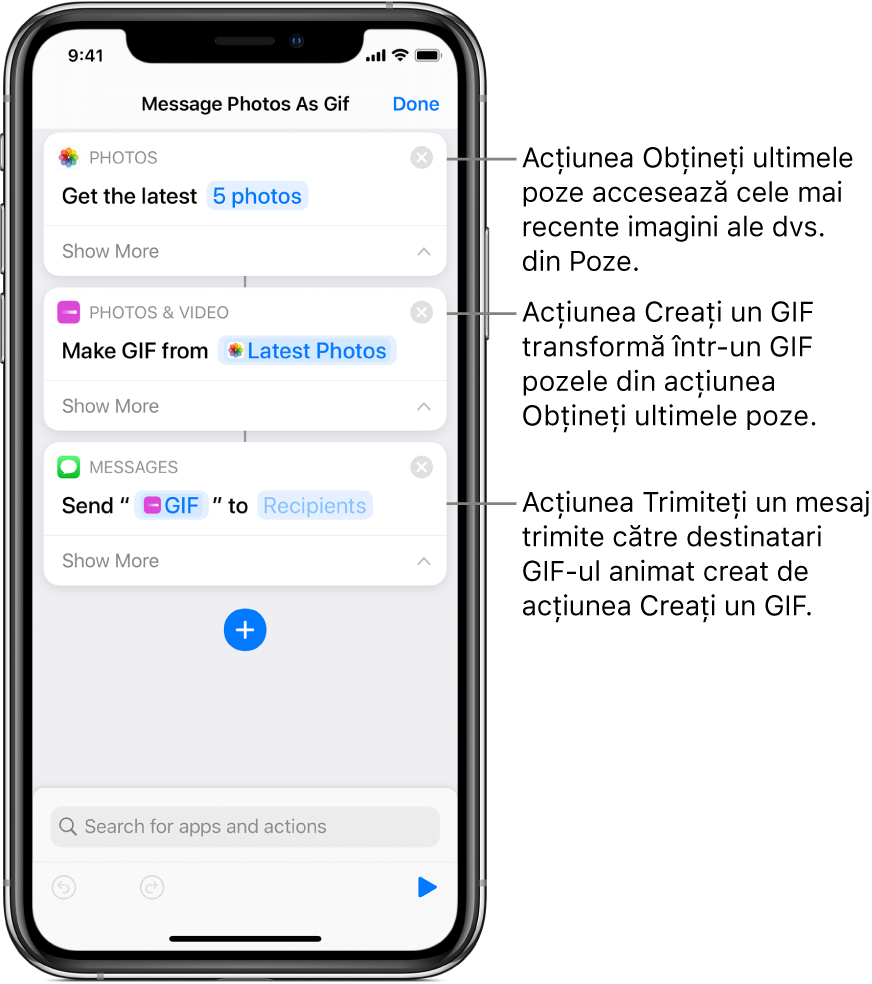 Editorul de scurtături afișând succesiunea acțiunilor dintr‑o scurtătură.