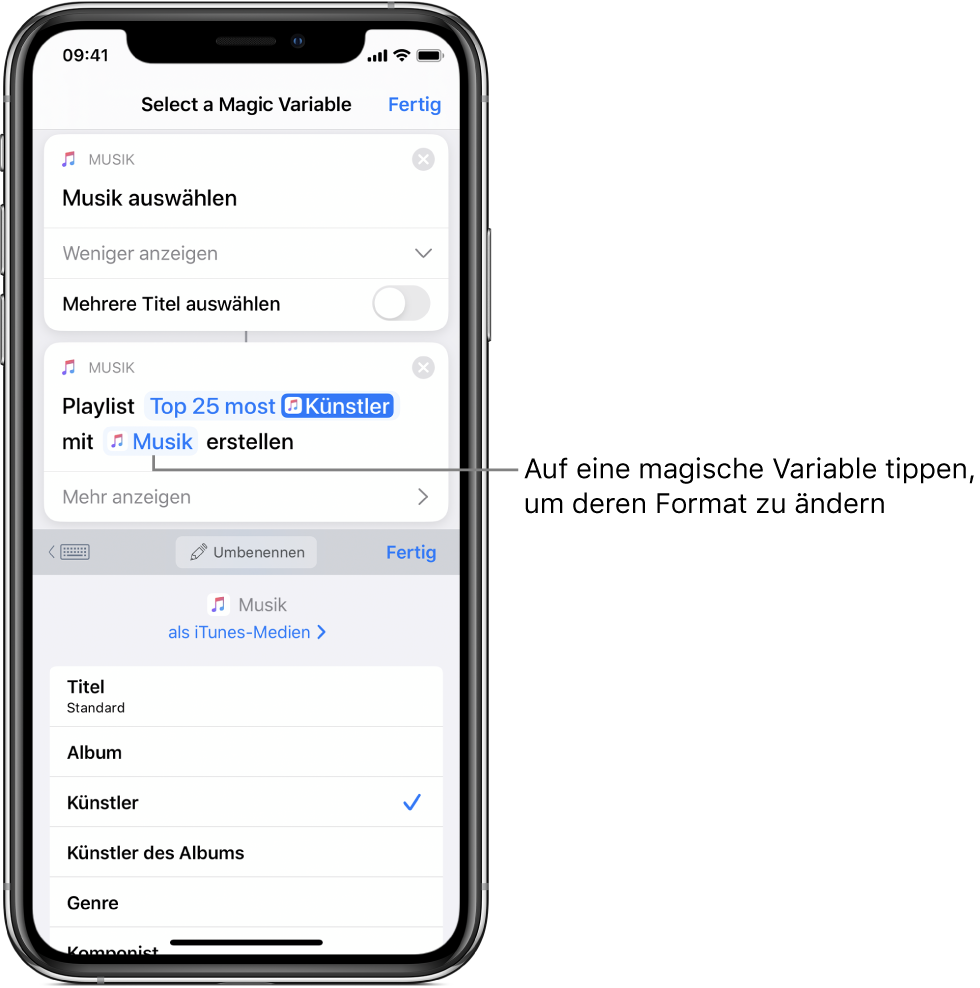 Kurzbefehleditor mit auswählbarer magischer Variable.
