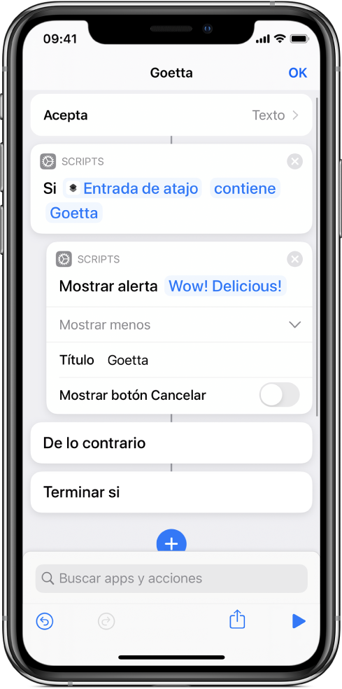 Atajo de ejemplo con acciones Si