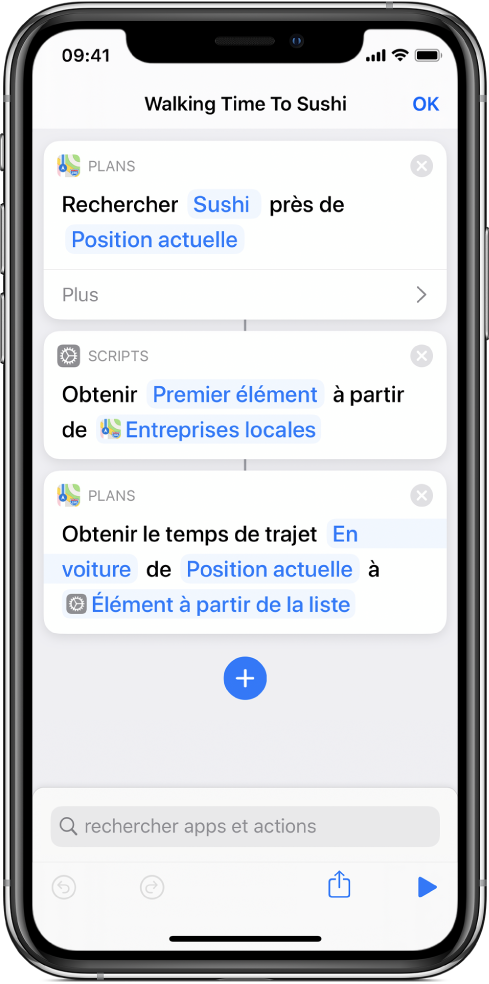 Éditeur de raccourcis affichant une action Obtenir.