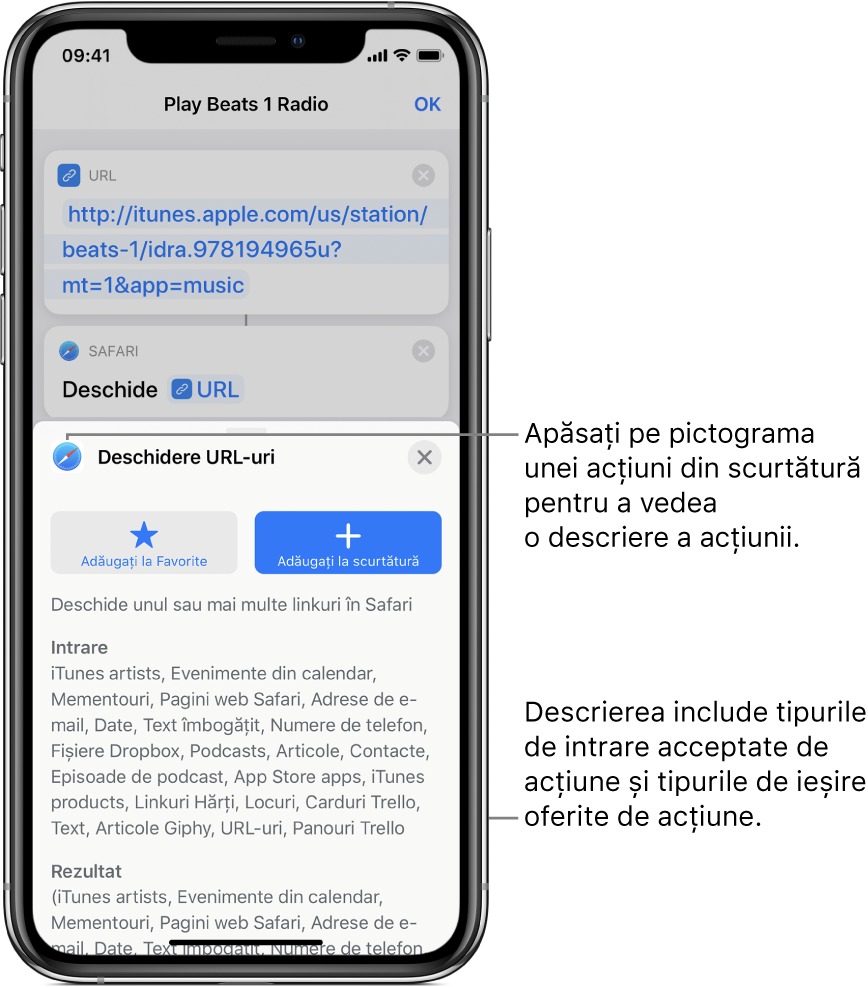 Editorul de acțiuni afișând descrierea acțiunii “Deschideți URL-uri”.